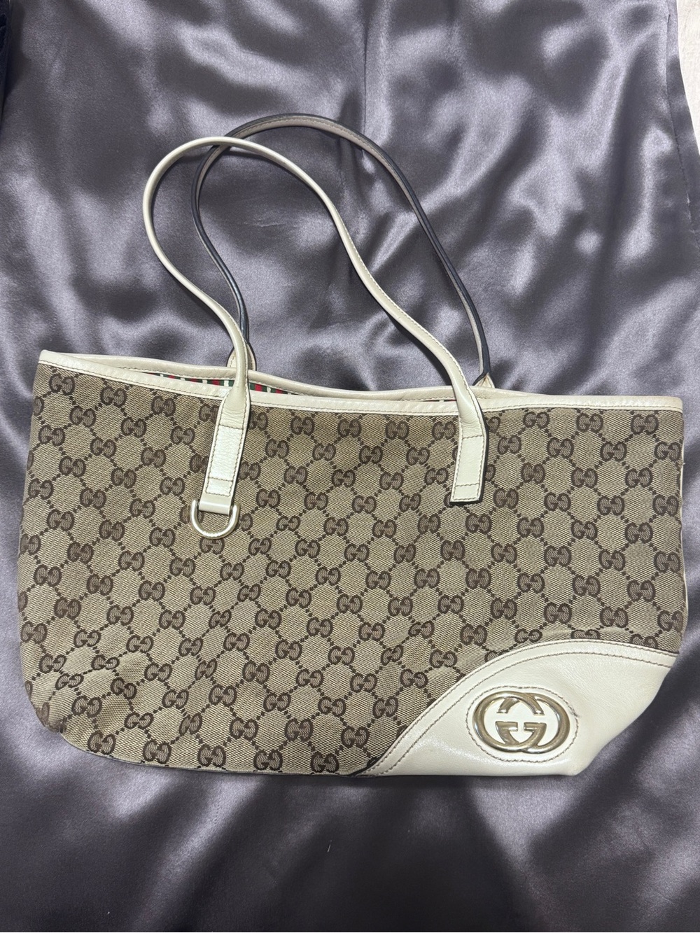 Gucci Brown GG Canvas Tote with Ivory Leather Trim